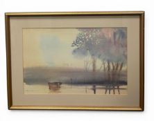 A contemporary watercolour of a boat in a misty river landscape, signed Spencer bottom left in a