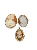 A 9ct gold cameo brooch together with a similar ring and a gold plated silver cameo pendant (one