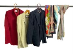 A mixed lot of vintage ladies' designer suits and scarves to include Zafir, Lochcarron, Pierre