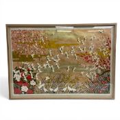 A contemporary Japanese Sogara Yuzen silkscreen print on kozo paper titled 'Flying Cranes' in an oak