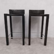 A pair of vintage ebonised bar stools with simple square back and shaped seat raised on straight