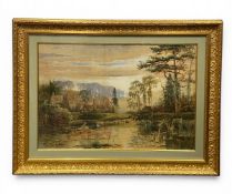 A large 19th century English School watercolour depicting a manor house and lake in an expansive