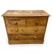 A C.1900 pine chest of two short over two long drawers raised on a square plinth base. H.81 W.96 D.