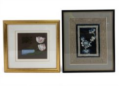 A contemporary watercolour titled 'Tulips' by Michael Turner together with a Chinese needlework