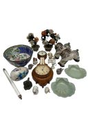 A mixed lot to include two Chinese carved soapstone and cloisonne miniature bonsai trees together