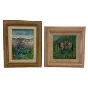 A contemporary signed oil on canvas-laid-board depicting a tree in a mountainous landscape, together