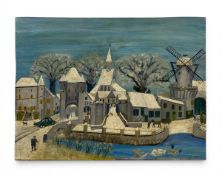 A 20th century naive school oil on board depicting a wintry Continental town. Unframed. H.46 W.61cm