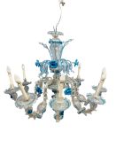 A vintage blue and transparent Murano glass chandelier with allover floral and foliate decoration
