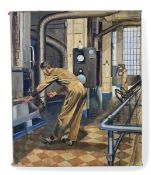Vasco Lazzolo (1915-1984 ), a mid-century oil on canvas depicting workers in an industrial factory