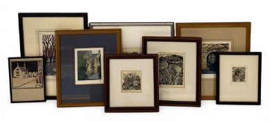Two hand coloured etchings by Anthony Dawson together with woodcuts by Constance Anne-Parker, John