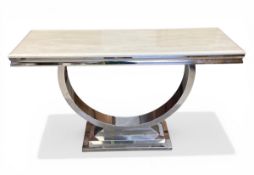 A vintage Italian style console table with white marble top raised on a curved polished chrome