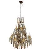 A 19th century chandelier with cut and blown amber and transparent glass drops and drip pans