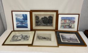 A mixed lot to include two prints after Raoul Dufy and three etchings. All framed and glazed.