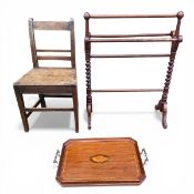 A Georgian oak dining chair together with a 19th century mahogany towel rail and brass mounted