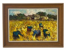 Noparat Livisiddhi (b.1932), a 1970s impasto oil on canvas titled 'Harvesters' 1976. Signed bottom