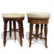 A 19th century walnut piano stool with circular needlework upholstered adjustable seat raised on
