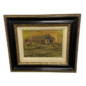 A small 19th century oil on board, rural barn with donkey and cart, signed bottom left in a gilt and