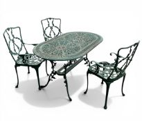 A vintage green painted cast aluminium garden table and three chair set. H.73 W.140 D.81cm. (