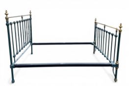 A refurbished Victorian green painted cast iron and brass bed frame to fit a standard 4'6