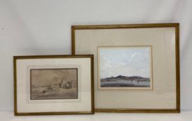 A contemporary watercolour, industrial landscape, by David Barlow together with a C.1900 pencil