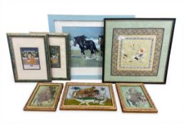 A mixed lot to include a pair of Indian miniature paintings on silk together with a contemporary oil