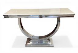 A vintage Italian style console table with white marble top raised on a curved polished chrome