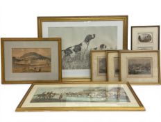 A mixed lot of six 19th century and later engravings together with a large print depicting hunting