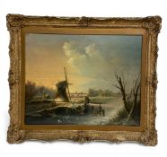 A 19th century Dutch School oil on board depicting figures and a windmill in a frozen river