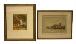 A signed 20th century watercolour depicting a lady feeding ducks in a rural setting together with