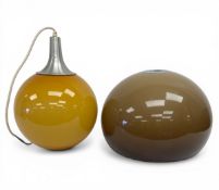 Two mid-century retro Danish style spherical pendant lamps in the manner of Holmegaard. H.29 W.43cm.