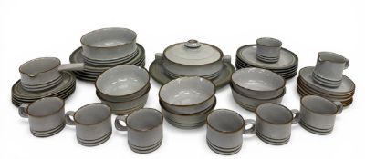 A vintage Denby part dinner and coffee service to include cups, plates, a creamer, lidded tureen,