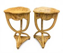 A pair of contemporary Biedermeier style pale burr elm side or lamp tables each with figured trefoil