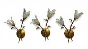 A set of three vintage Murano style blown glass and brass wall sconces. One with broken glass as