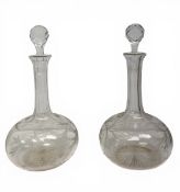 A pair of Victorian fern-etched shaft and globe cut glass decanters with stoppers. H.22cm