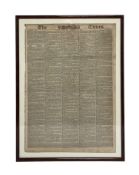 An early 19th century front cover of The Times, London, Thursday, February 8, 1821. Framed and