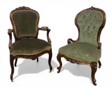 A 19th century Louis XV style armchair together with a Victorian carved rosewood nursing chair. H.