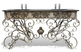 A vintage Belle Epoque style double basin or his and hers washstand with lobed marble top over the