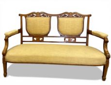 A C.1900 marquetry inlaid mahogany salon sofa or settee with shaped openwork back and arms over