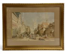 A 19th century watercolour painting depicting a bustling Continental market town in a glazed gilt