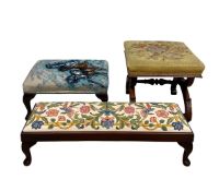 A mid 19th century carved mahogany x-frame foot stool with floral tapestry seat together with a late