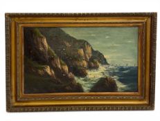 Frank Hider (1861-1933), a C.1900 oil on canvas depicting a rugged Cornish seascape. Signed bottom