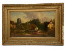A late 19th/early 20th century genre style landscape painting depicting figures in a rural setting