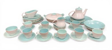 A 1930s Poole Pottery dove grey and sky blue 'Twintone' pattern ceramic part tea service to
