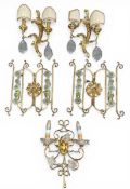 Two pairs of vintage Italian style glass mounted brass wall sconces and one other. H.43 W.40cm
