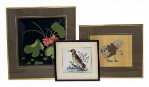 Two 1960s Chinese style felt collages by Ena Stone together with a mixed media feather and