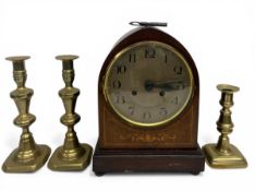 An early 20th century marquetry inlaid mahogany mantle clock together with a pair of 19th century