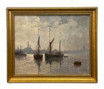 Charles Smith (1913-2003), a gilt framed oil on canvas, Thames barges, signed and dated. H.50 W.