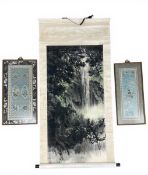 A pair of framed and glazed Chinese needleworks and a hand decorated Chinese scroll. H.163 W.72cm