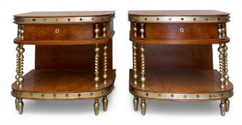 A pair of modern 19th century Italian style burr walnut bedside cabinets with gilt metal feet and