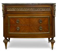 A kingwood commode chest in the 19th century French style with marble top and ormolu mounts on